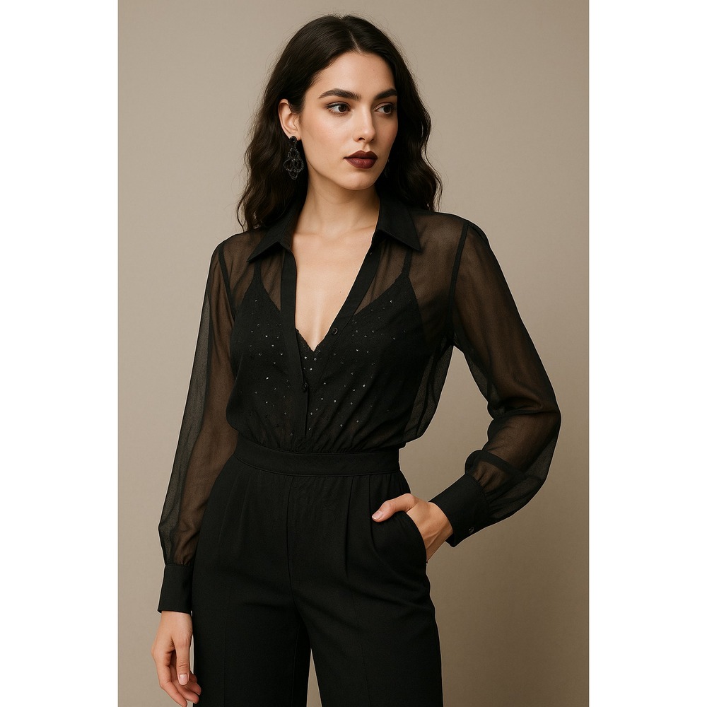 VTG Emanuel Ungaro Womens Bodysuit Black Sz 14/48  Sheer Silk Lace Sequin